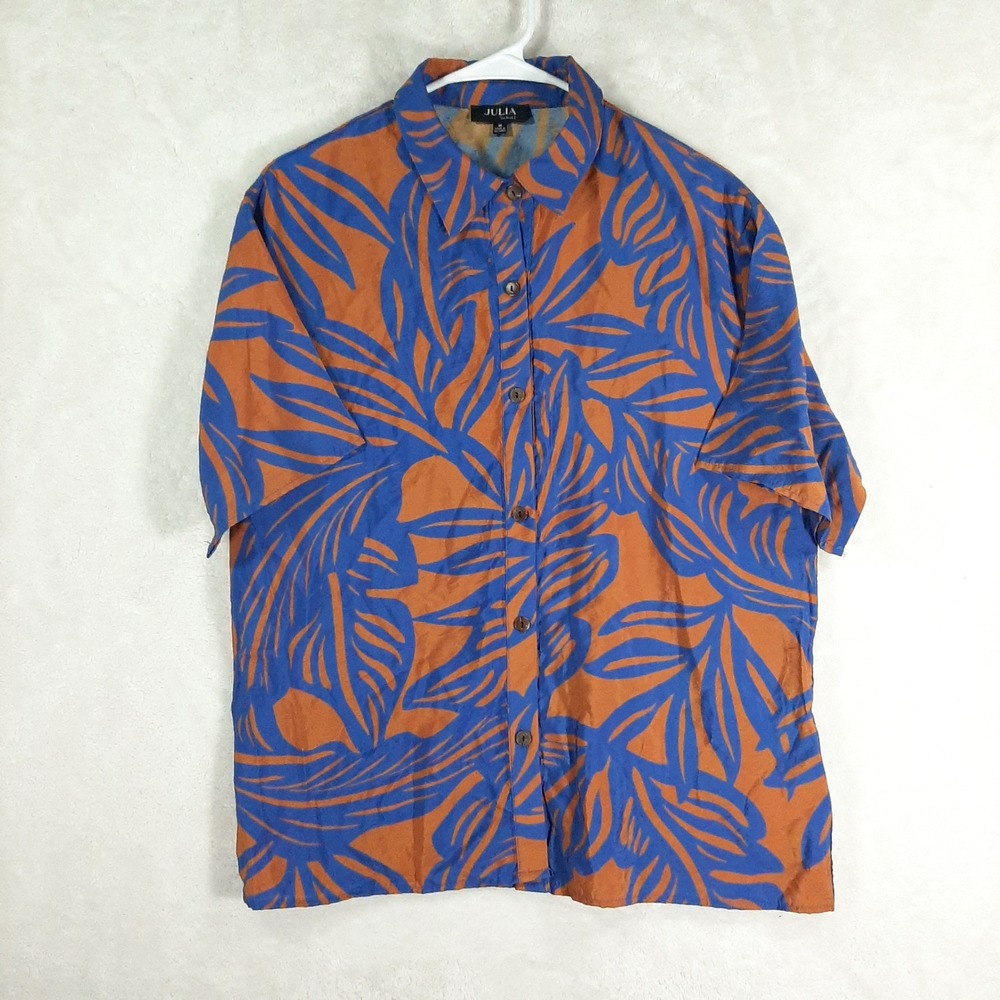 Julia by Love J Womens Blue Orange Tropical Leaf Rayon Button Up Shirt Medium - Picture 2 of 7